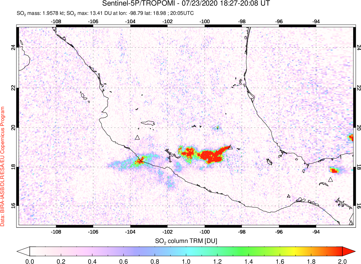 A sulfur dioxide image over Mexico on Jul 23, 2020.
