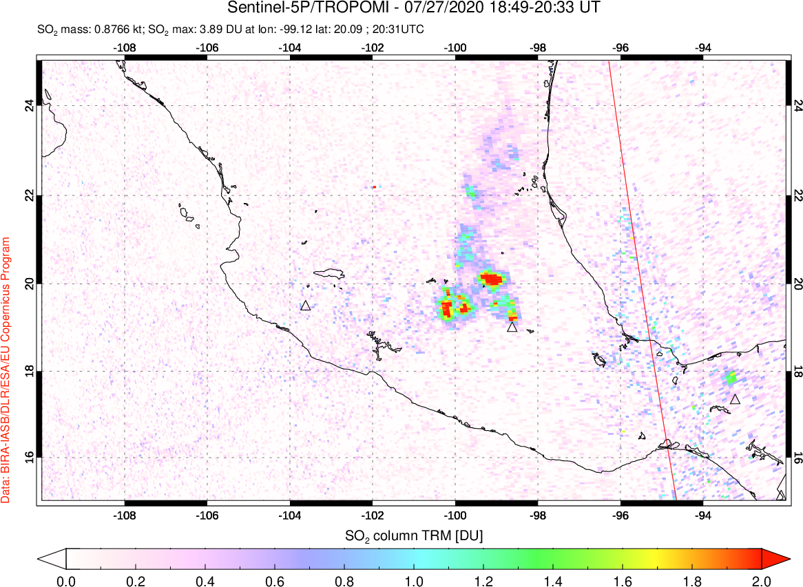 A sulfur dioxide image over Mexico on Jul 27, 2020.