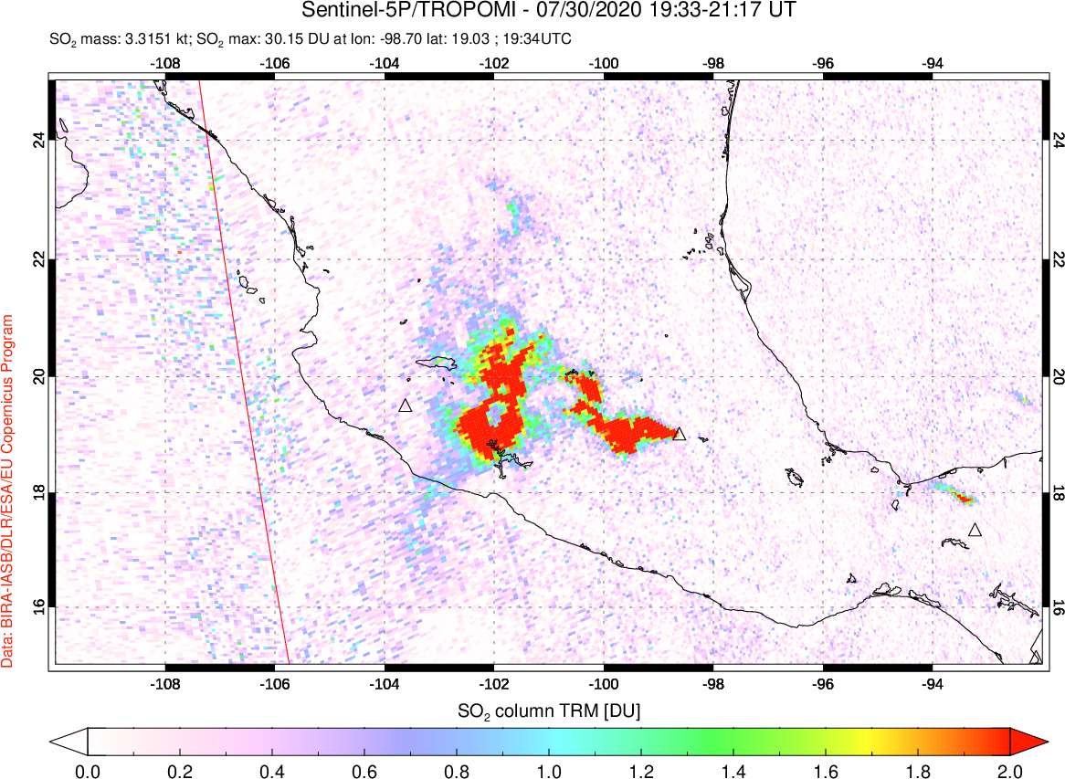 A sulfur dioxide image over Mexico on Jul 30, 2020.