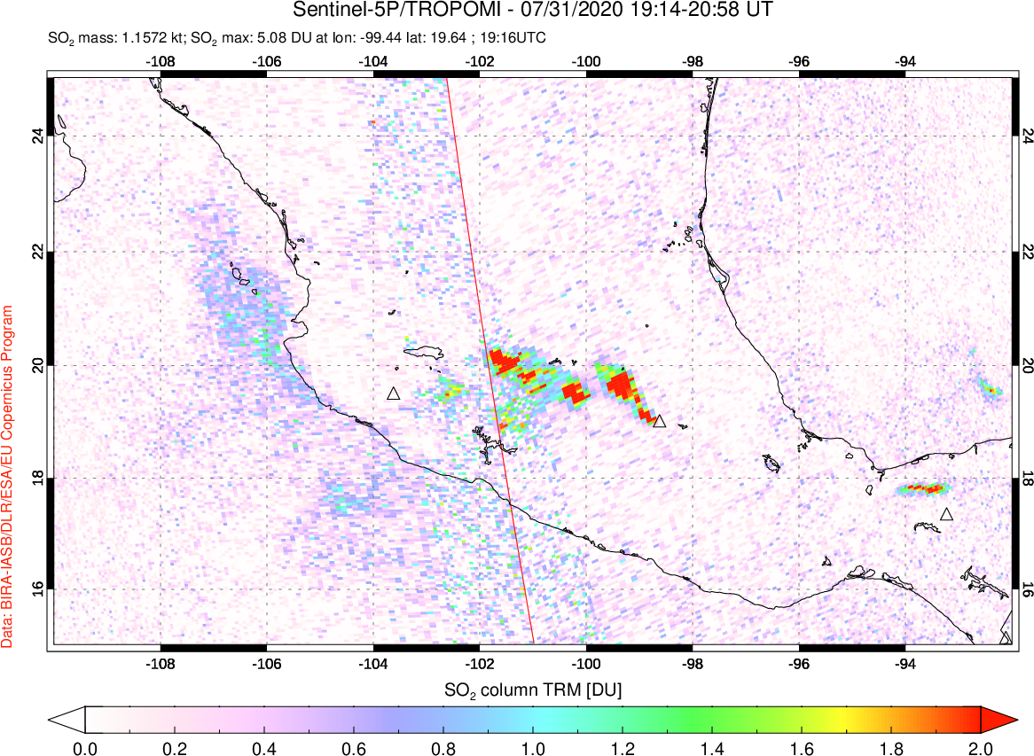 A sulfur dioxide image over Mexico on Jul 31, 2020.