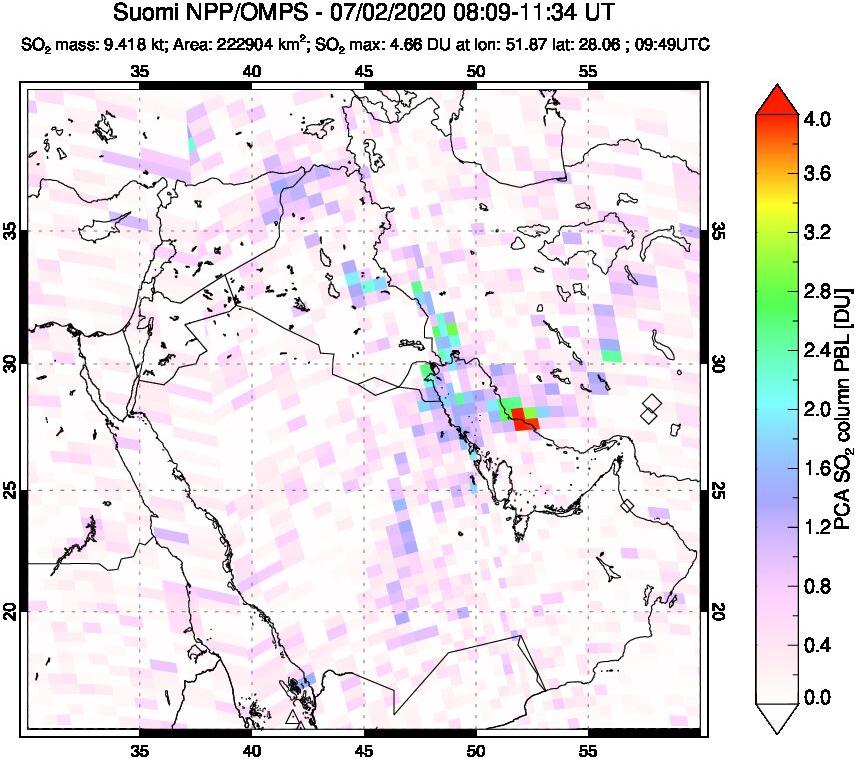A sulfur dioxide image over Middle East on Jul 02, 2020.