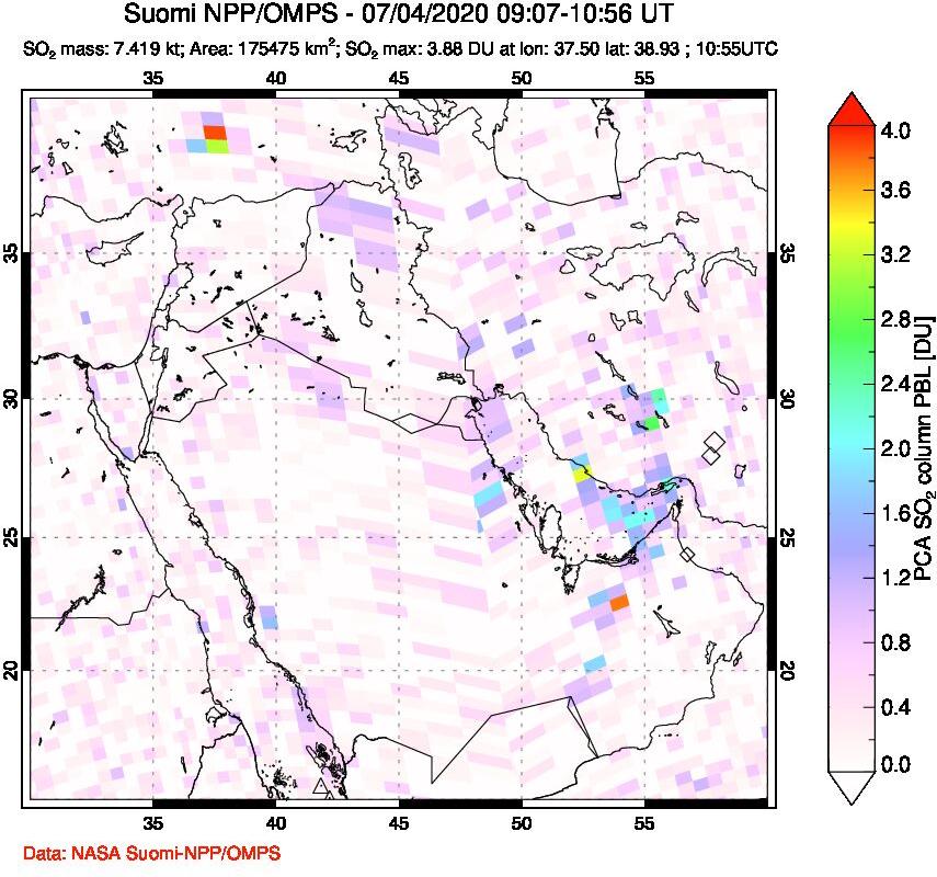 A sulfur dioxide image over Middle East on Jul 04, 2020.