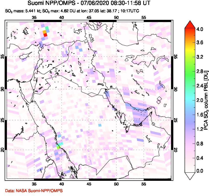 A sulfur dioxide image over Middle East on Jul 06, 2020.