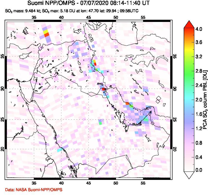 A sulfur dioxide image over Middle East on Jul 07, 2020.