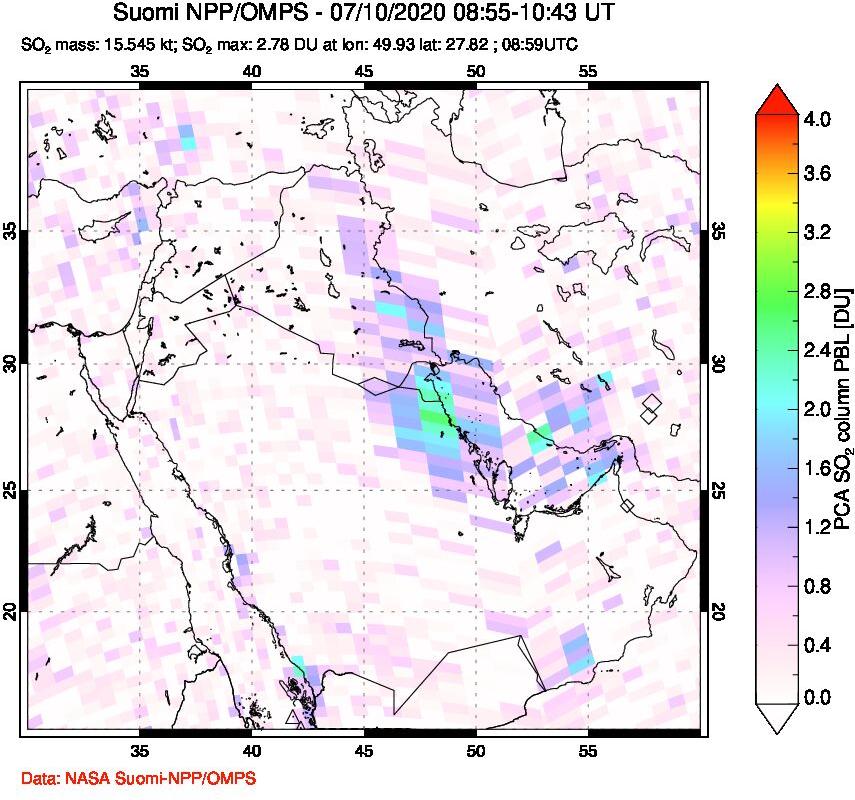 A sulfur dioxide image over Middle East on Jul 10, 2020.