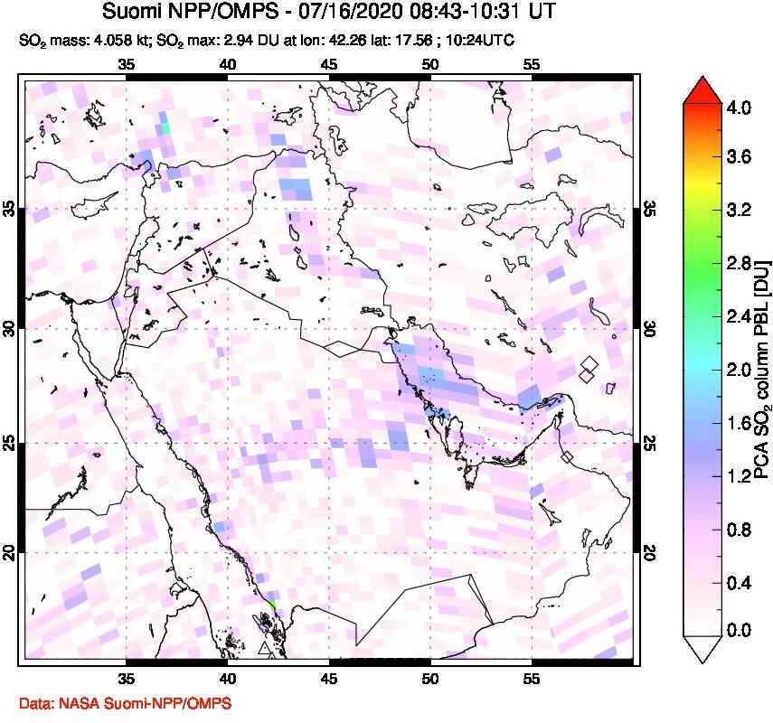 A sulfur dioxide image over Middle East on Jul 16, 2020.