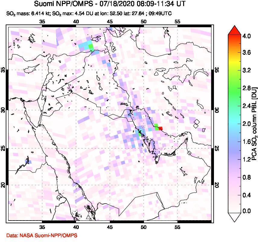A sulfur dioxide image over Middle East on Jul 18, 2020.