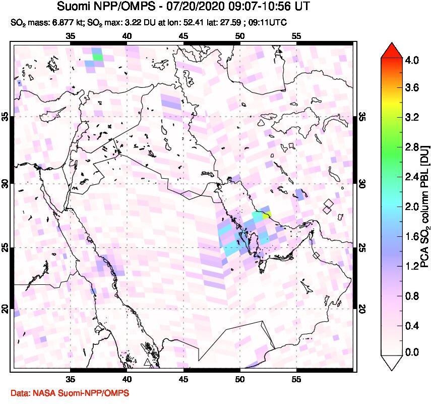 A sulfur dioxide image over Middle East on Jul 20, 2020.