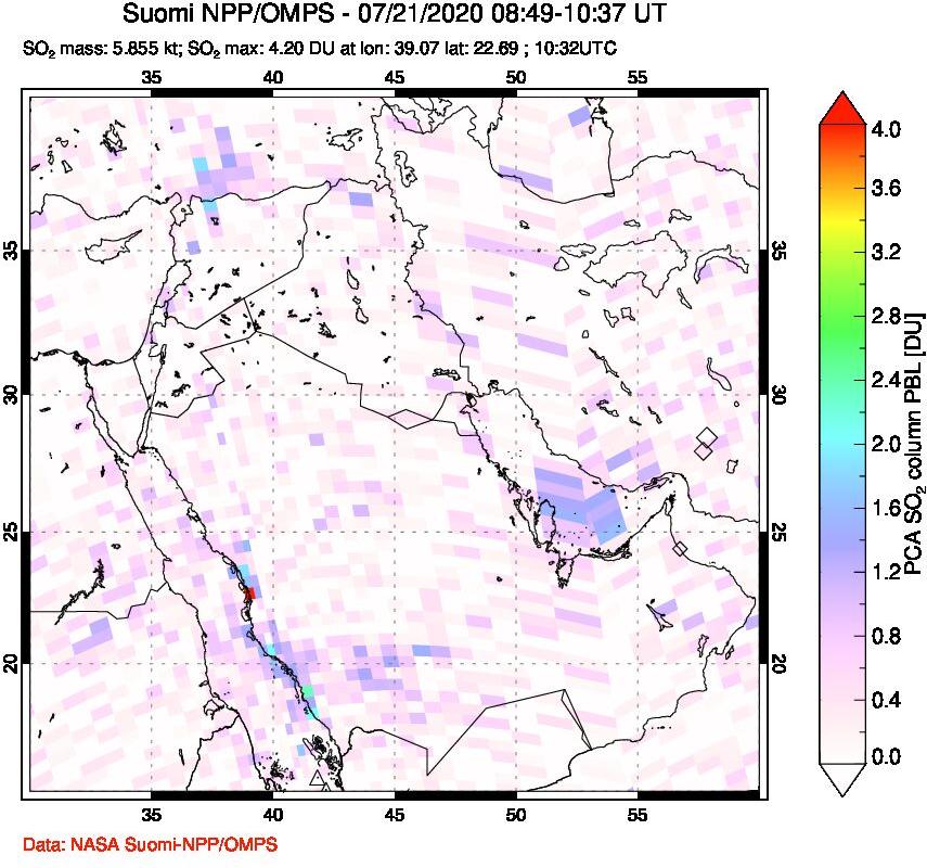 A sulfur dioxide image over Middle East on Jul 21, 2020.
