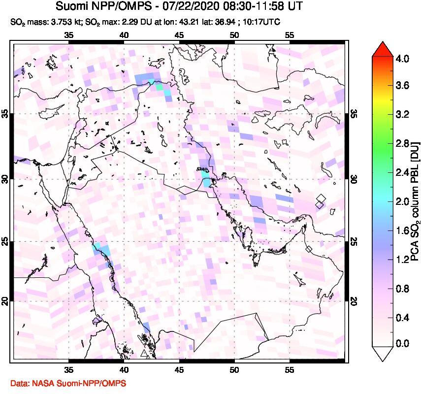 A sulfur dioxide image over Middle East on Jul 22, 2020.