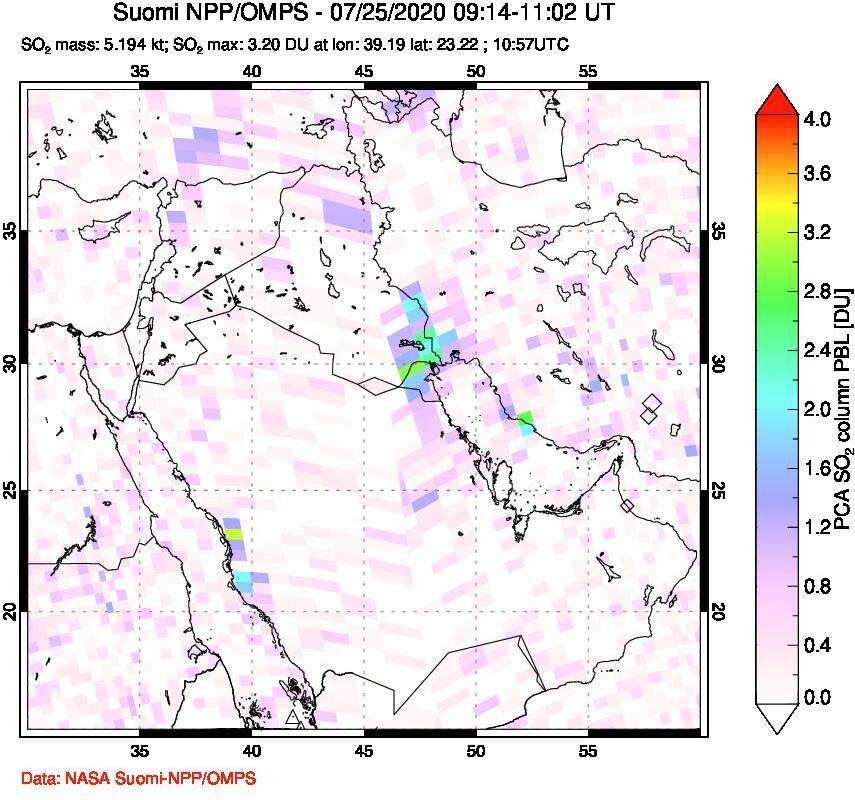 A sulfur dioxide image over Middle East on Jul 25, 2020.