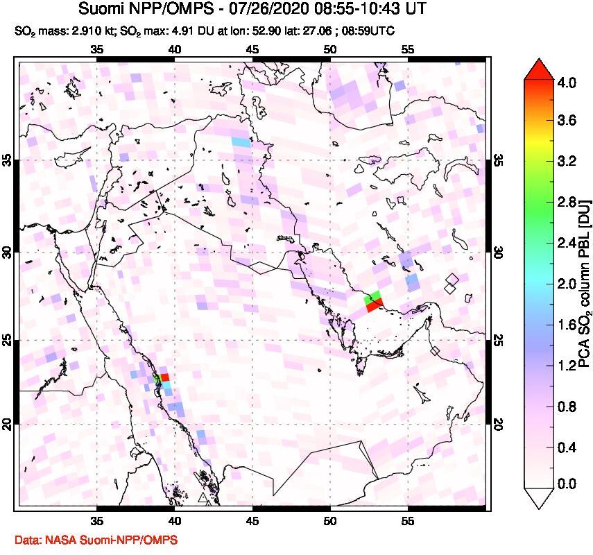 A sulfur dioxide image over Middle East on Jul 26, 2020.
