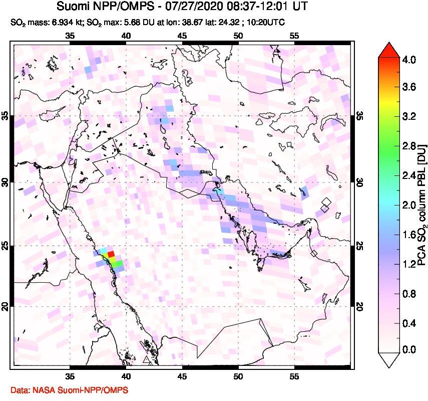 A sulfur dioxide image over Middle East on Jul 27, 2020.