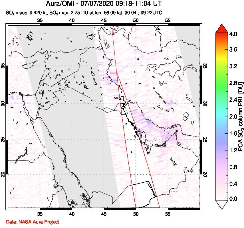A sulfur dioxide image over Middle East on Jul 07, 2020.