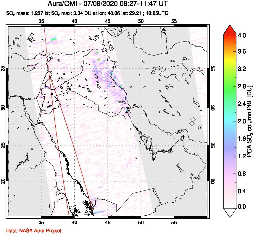 A sulfur dioxide image over Middle East on Jul 08, 2020.