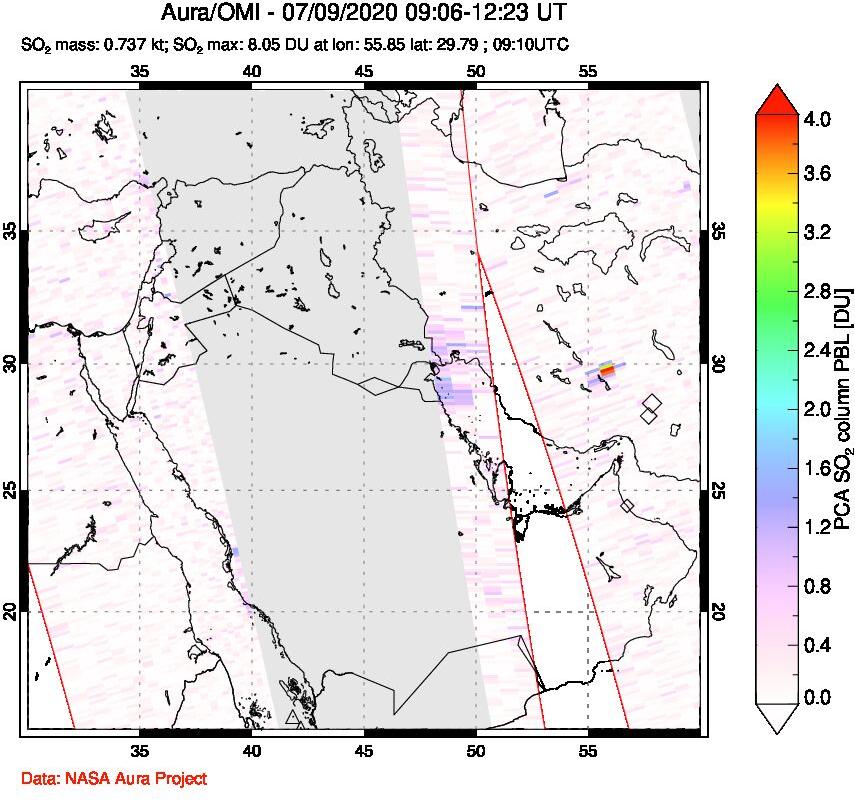 A sulfur dioxide image over Middle East on Jul 09, 2020.