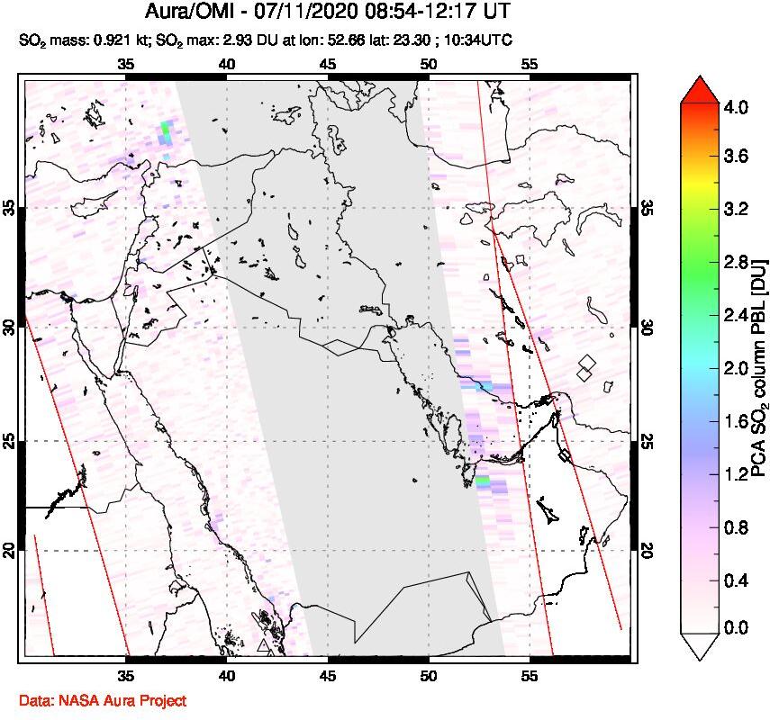 A sulfur dioxide image over Middle East on Jul 11, 2020.