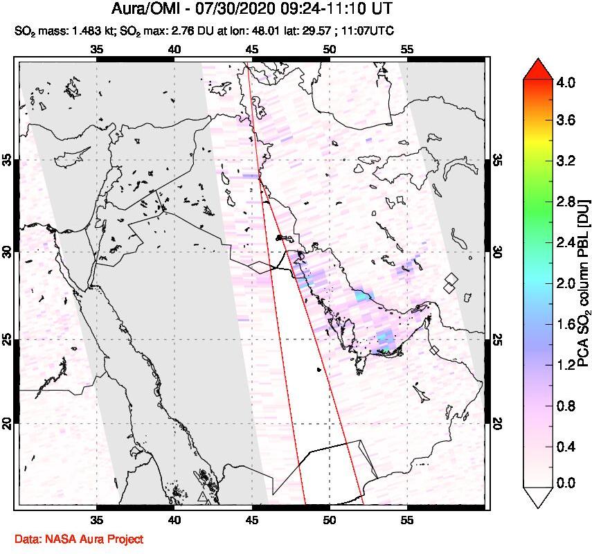 A sulfur dioxide image over Middle East on Jul 30, 2020.