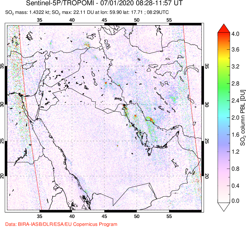 A sulfur dioxide image over Middle East on Jul 01, 2020.