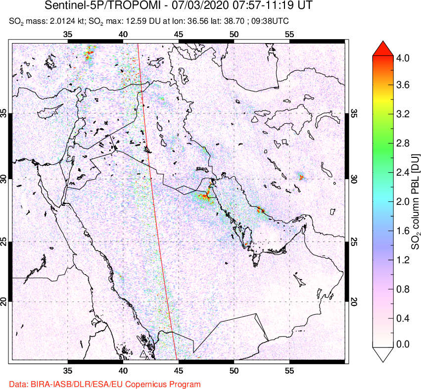 A sulfur dioxide image over Middle East on Jul 03, 2020.