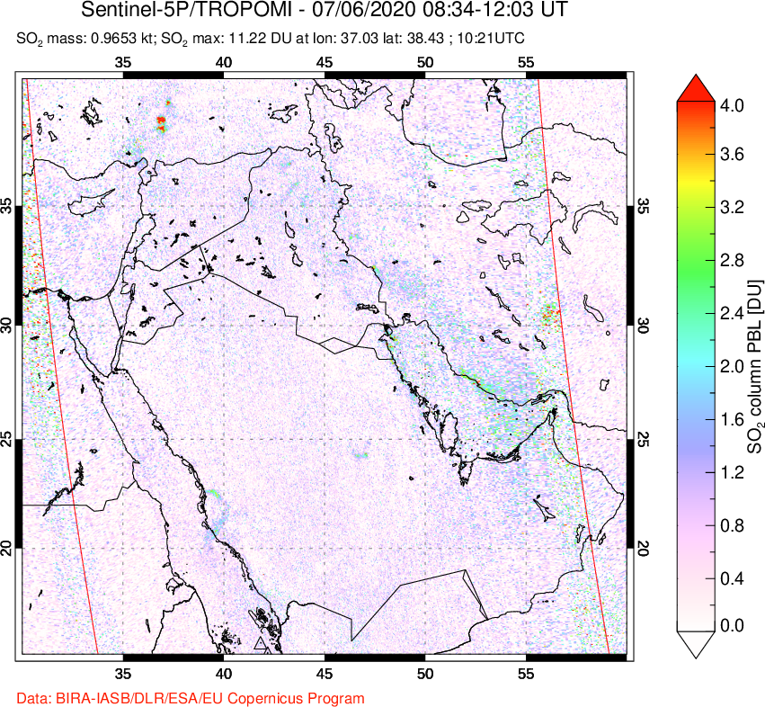 A sulfur dioxide image over Middle East on Jul 06, 2020.