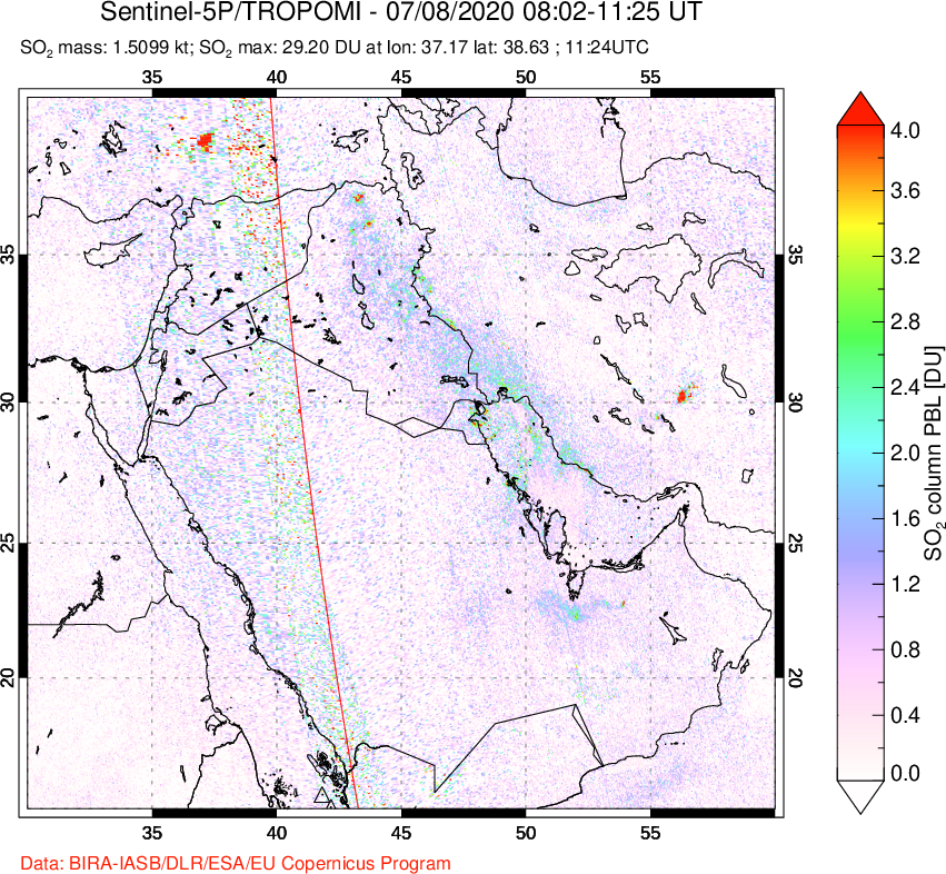 A sulfur dioxide image over Middle East on Jul 08, 2020.