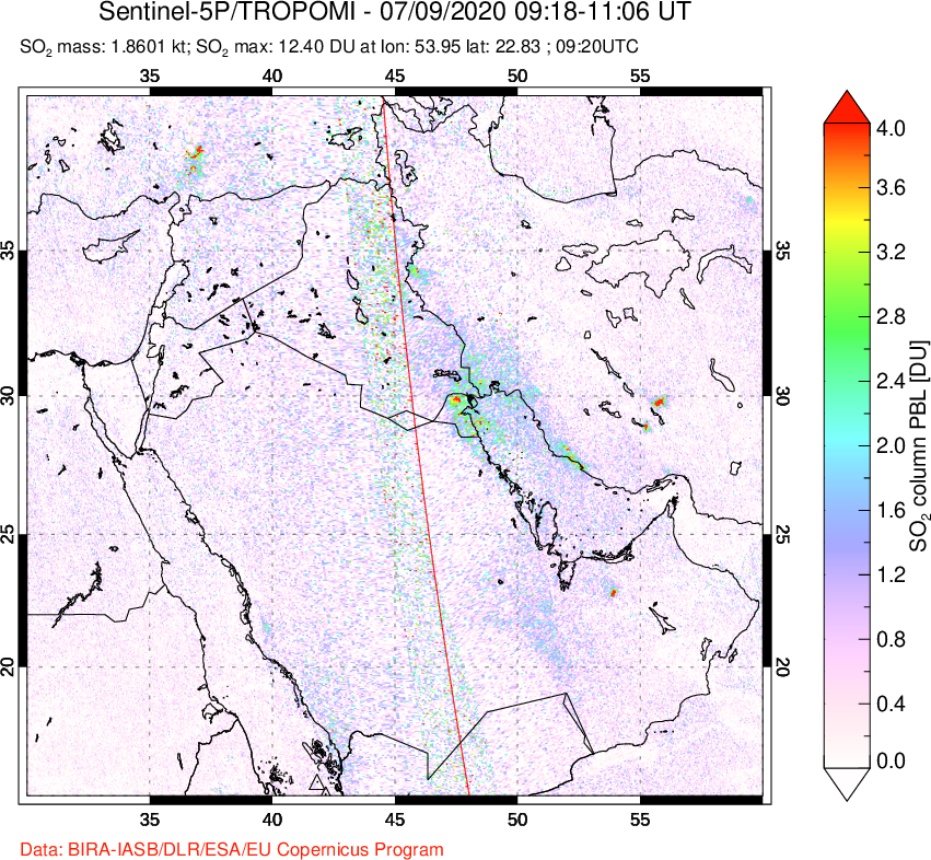 A sulfur dioxide image over Middle East on Jul 09, 2020.