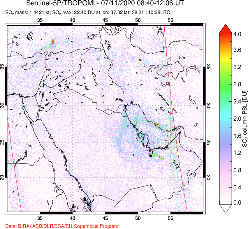 A sulfur dioxide image over Middle East on Jul 11, 2020.