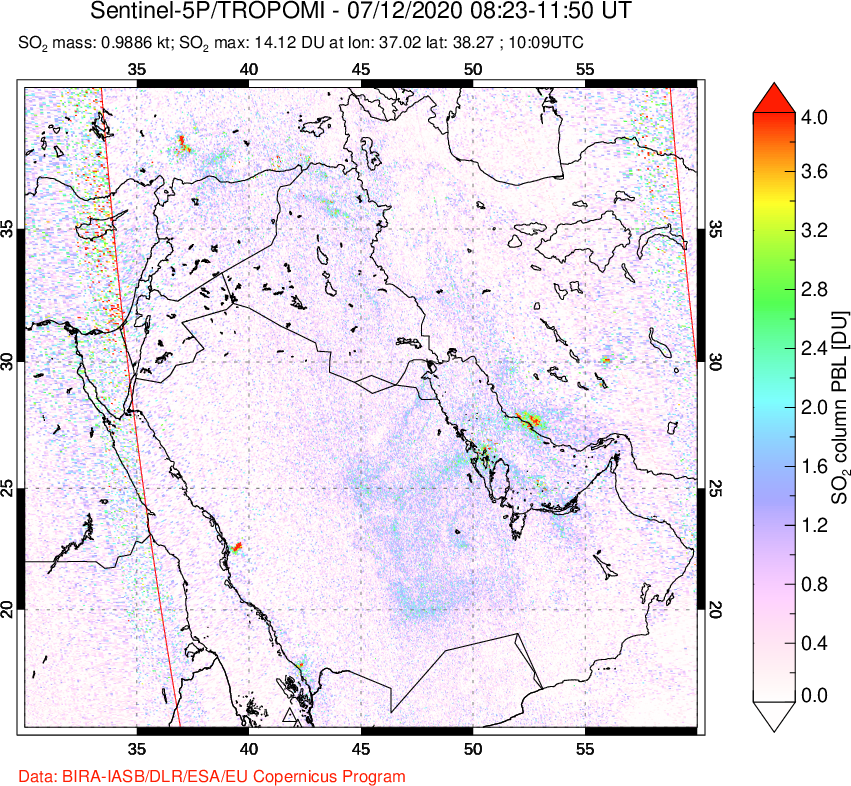 A sulfur dioxide image over Middle East on Jul 12, 2020.