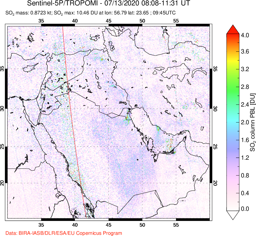 A sulfur dioxide image over Middle East on Jul 13, 2020.