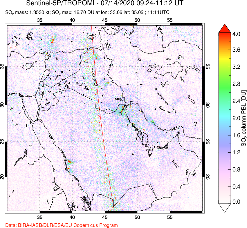 A sulfur dioxide image over Middle East on Jul 14, 2020.
