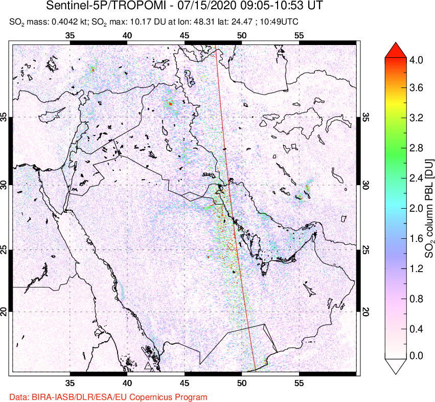 A sulfur dioxide image over Middle East on Jul 15, 2020.