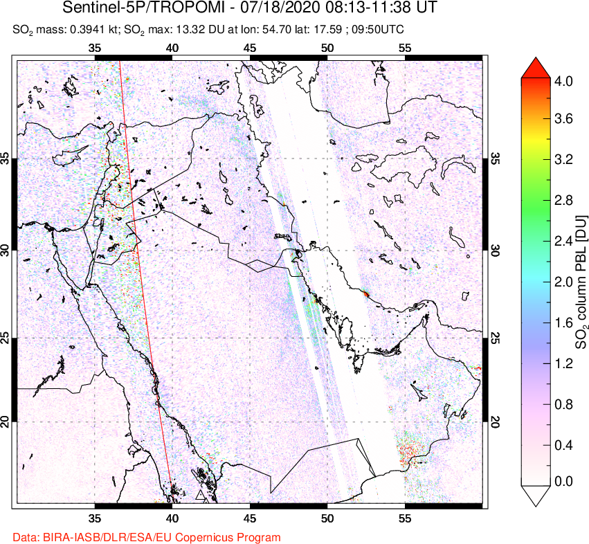 A sulfur dioxide image over Middle East on Jul 18, 2020.