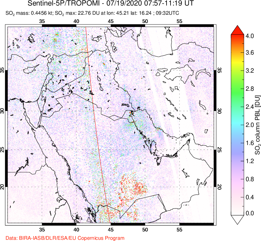 A sulfur dioxide image over Middle East on Jul 19, 2020.