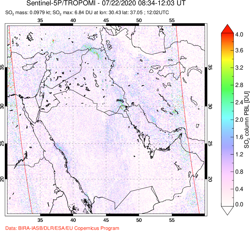 A sulfur dioxide image over Middle East on Jul 22, 2020.