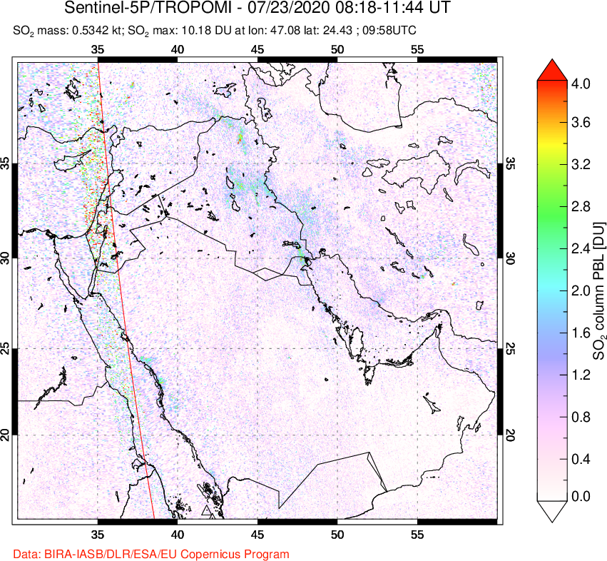 A sulfur dioxide image over Middle East on Jul 23, 2020.