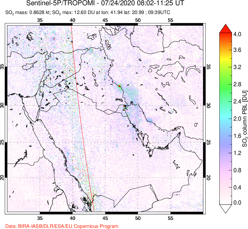 A sulfur dioxide image over Middle East on Jul 24, 2020.
