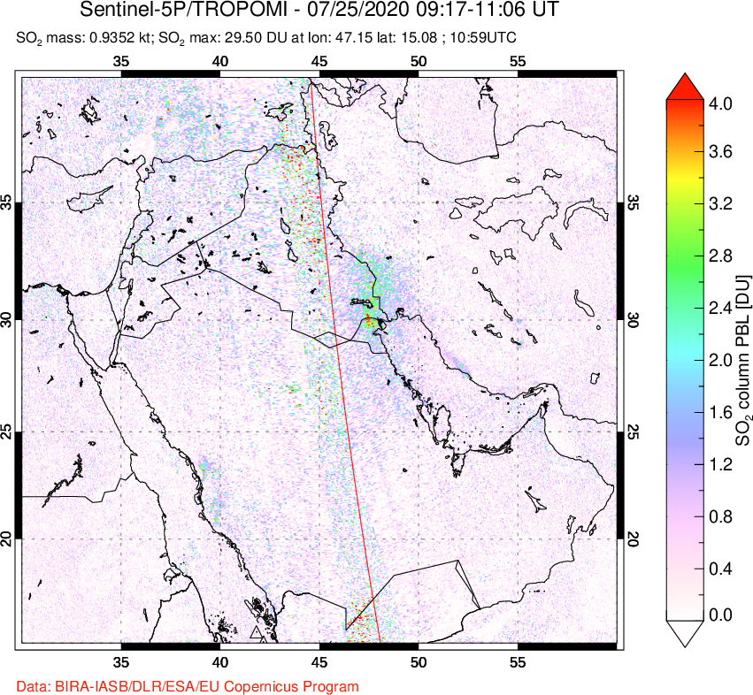 A sulfur dioxide image over Middle East on Jul 25, 2020.