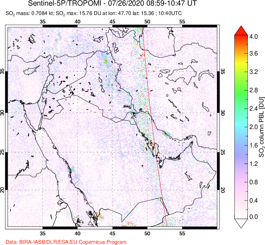 A sulfur dioxide image over Middle East on Jul 26, 2020.