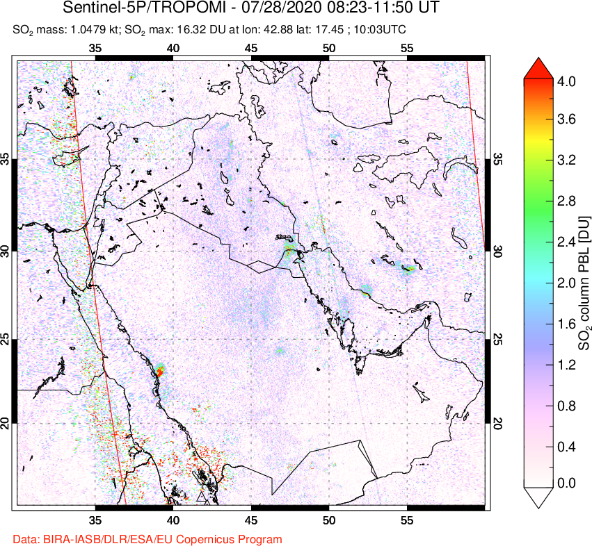A sulfur dioxide image over Middle East on Jul 28, 2020.