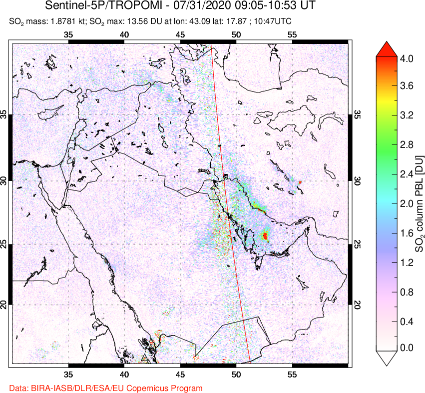 A sulfur dioxide image over Middle East on Jul 31, 2020.