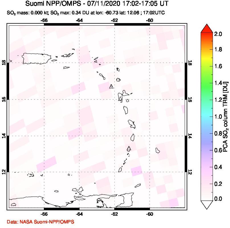 A sulfur dioxide image over Montserrat, West Indies on Jul 11, 2020.