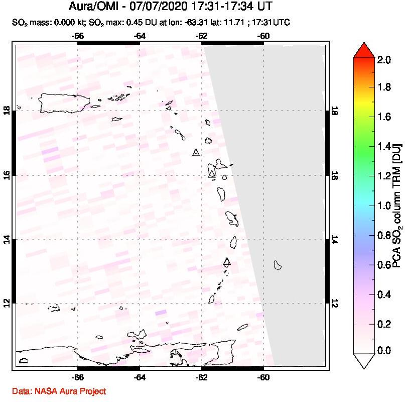 A sulfur dioxide image over Montserrat, West Indies on Jul 07, 2020.