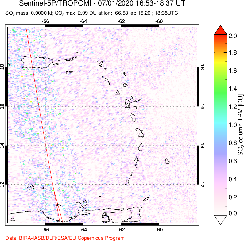A sulfur dioxide image over Montserrat, West Indies on Jul 01, 2020.