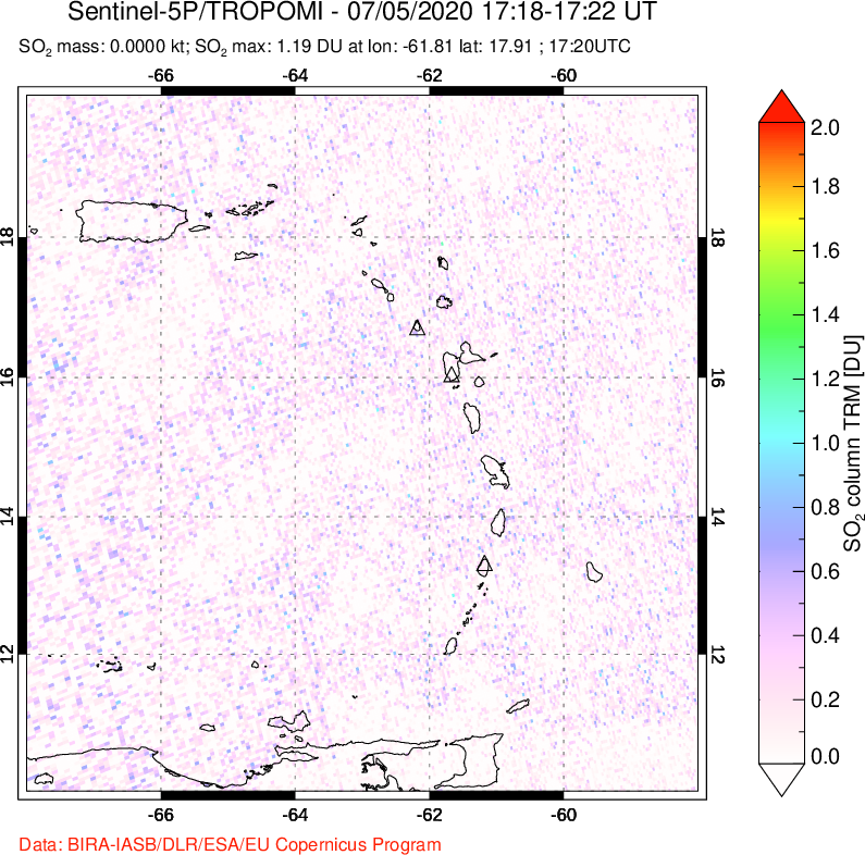 A sulfur dioxide image over Montserrat, West Indies on Jul 05, 2020.