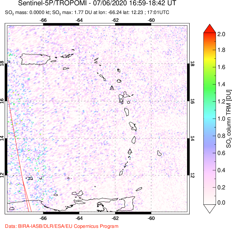 A sulfur dioxide image over Montserrat, West Indies on Jul 06, 2020.