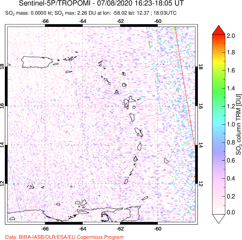 A sulfur dioxide image over Montserrat, West Indies on Jul 08, 2020.