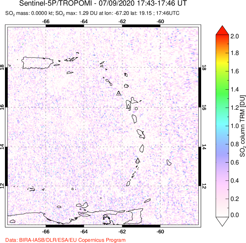 A sulfur dioxide image over Montserrat, West Indies on Jul 09, 2020.