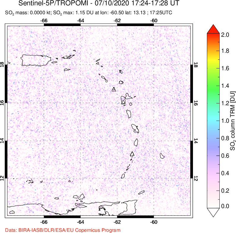 A sulfur dioxide image over Montserrat, West Indies on Jul 10, 2020.