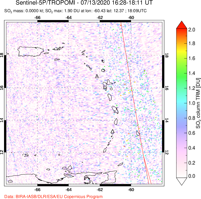 A sulfur dioxide image over Montserrat, West Indies on Jul 13, 2020.
